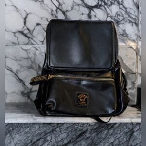 Versace Black Leather Backpack with Gold Accents